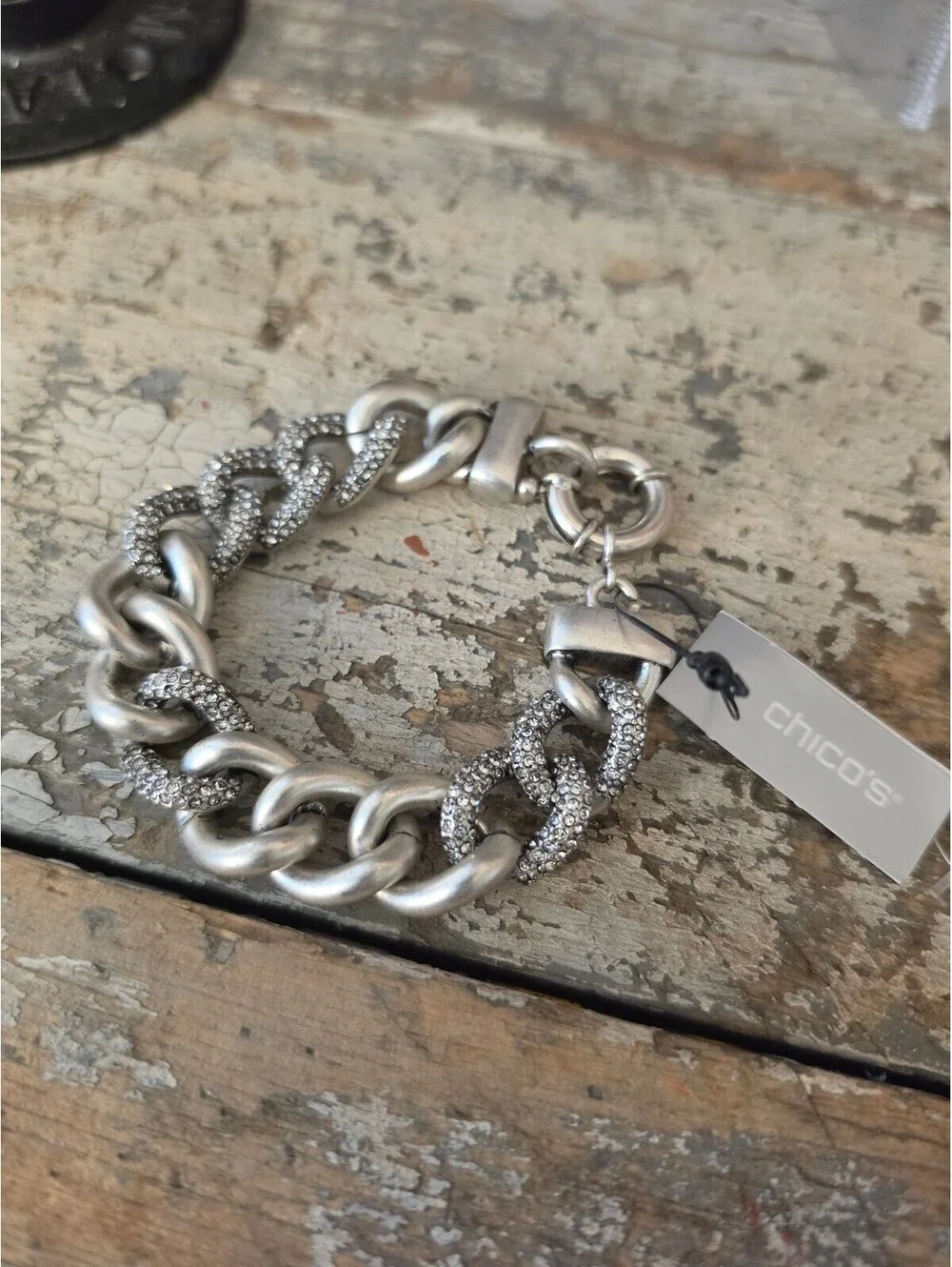 Chico's Silver Tone Chunky Chain Bracelet with Textured Links